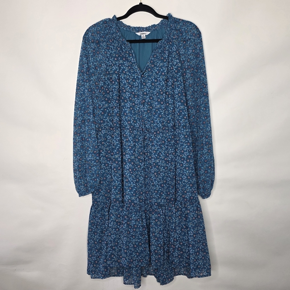 Babydoll Tiered Dark Floral Print‎ Dress XL Peasant Style Boho Fall Long Sleeves